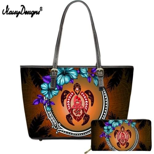 NOISYDESIGNS Red Turtle Hibiscus Flower Print 2Pcs Lady Shoulder Bag Native Style Top-Handle Handbag Women Tote Bag with Wallet