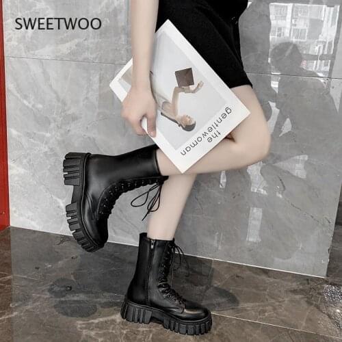 Womens Zipper Lace Up Mid-Calf Boots Platform Heel Sports Shoes For Autumn Winter 2021