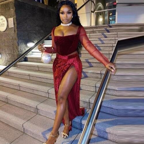 Sheer Mesh Velvet Spliced Two Piece Skirt Set Women Long Sleeve Crop Top and Side High Split Maxi Skirt Elegance Fall Outfits