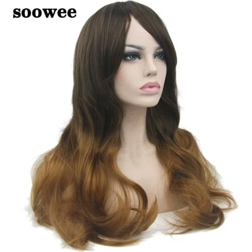 Soowee 70cm Long Wavy Synthetic Hair Black To Brown Ombre Wigs for Women Party Hair Cosplay Wig Hairpiece Wigs-female