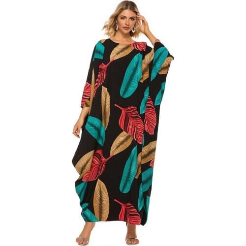 Large Size Women Bat Sleeve Pleat Color Leaf Print Bohemian Casual Loose Dress Plus Size Dress Abayas Emirates Islamic Clothing