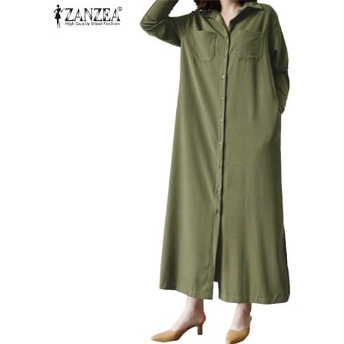 ZANZEA Women 2021 Casual Vestidos Fashion Long Sleeve Split Hem RetroTurn-Down-Collar Shirt Dresses Baggy Straight Buttons Dress