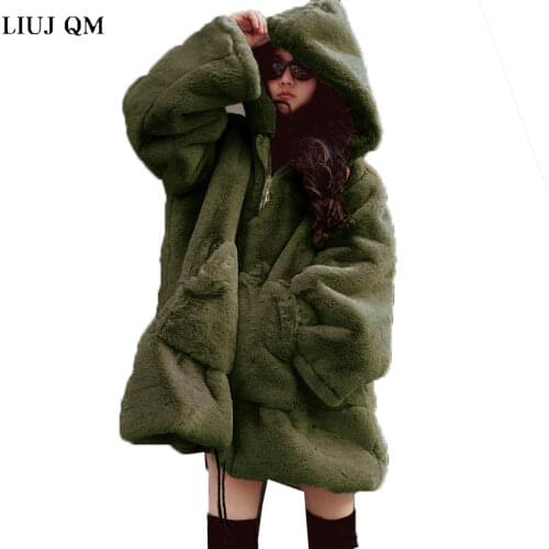 Plus size Winter Fur Coat Women Thick Warm Faux Fur Sweatshirt Loose Oversized Hooded Pullover Plush Coat Winter Jacket Women
