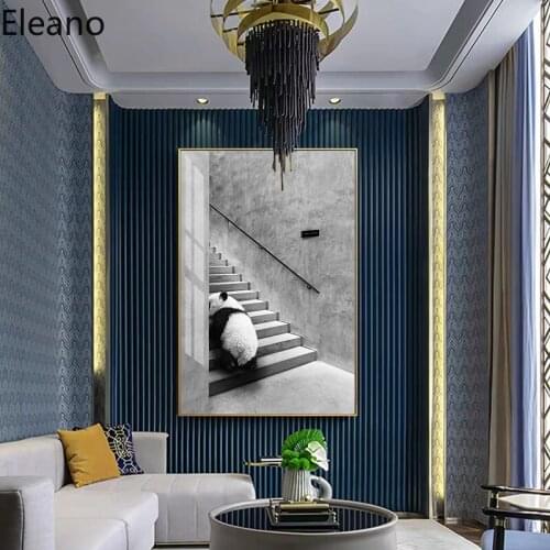 Animals on The Steps Wall Paintings Panda Giraffe Rhino Canvas Painting Black and White Vintage Poster Living Room Decoration