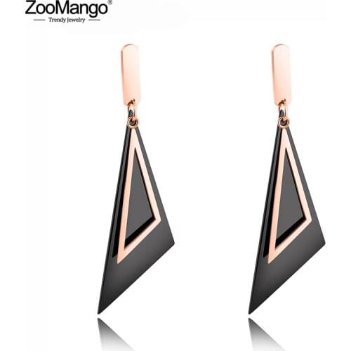 ZooMango Trendy Black Oblique Triangular Geometric Pattern Female Earring Jewelry Stainless Steel Earrings For Women ZE19209