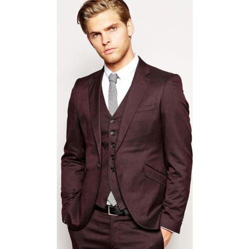 2016 Slim fit Custom Made Groom Tuxedos,Burgundy Party Suit Ceremony Suit Groomsman Suit (Jacket+Pants+Tie+Vest) Bridegroom Suit