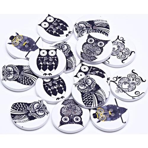 50pcs 30mm Black Mix Owl Wooden Large Buttons Round 4 Holes Baby Sewing Accessories Wood Cartoon Button Scrapbook