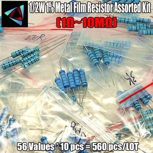 560pcs 1/2W 1% 56 Values 1R-10M ohm Metal Film Resistors Assorted kit