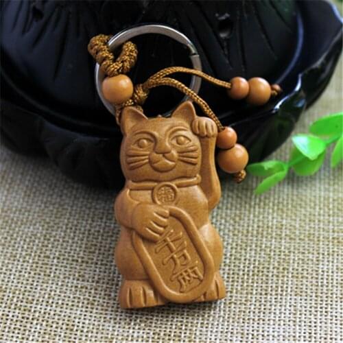 Exotic Wood Carving Lucky Cat Keychain Pendant Hanging Bag Pouch Ornament Gift