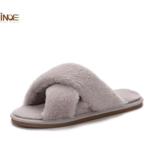 INOE Men Plush Fur Lined Casual Winter Slippers Soft Warm Half Home Shoes Faux Rabbit Fur Warm Comfortable House Leisure Flats