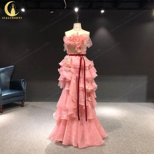 JIALINZEYI Marchesa Off The Shoukder Pink Organza Hand Flowers robe longue robes de soirée Fromal dress Evening Dresses