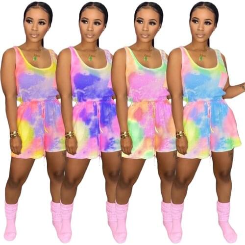 Summer Tie-dye Print Playsuit Women Sleeveless Tank Loose Suitable Home Wear Streetwear One Piece Lace Up Overall Jumpsuit