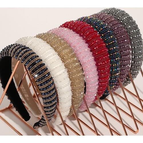 Hot selling European American fashion crystal rhinestone handmade wide-sided sponge Hairband for Women girls Headwear