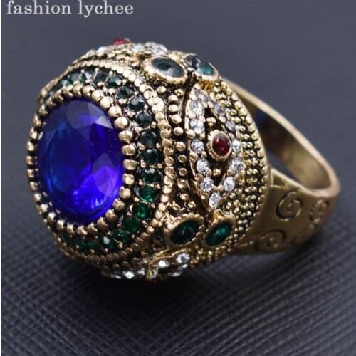 Fashion lychee Turkish Style Green Rhinestone Crystal Retro Palace Ornate Gold Color Metal Female Ring Jewelry Gift