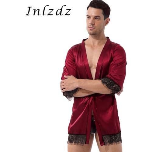 Mens Satin Open Front Bathrobe Sleepwear Lace Trim Belted Kimono Homewear Loungewear Sissy Long Sleeve Male Night-robe Nightwear
