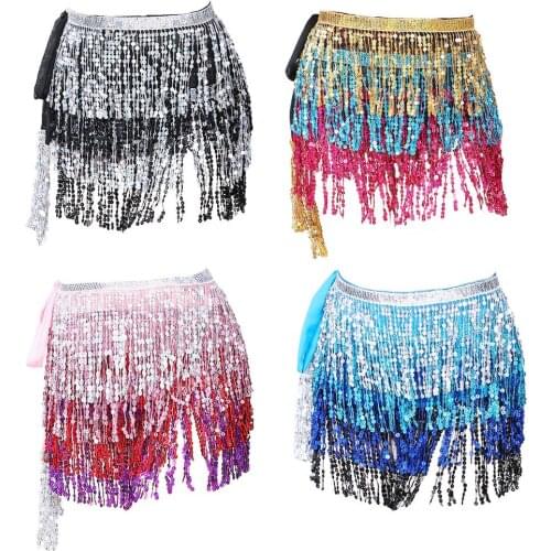Belly Dance Hip Skirt Tassel Scarf Sequin Wrap Rave Costume Waist Chain Fringed Skirt