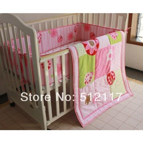 New Pink Ladybug FLowers Girl Baby Crib Bedding Set 3 items Including Quilt Bumper Fitted Sheet Free Shipping