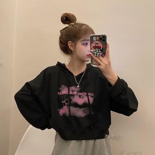 Autumn college style loose cloud bear print hooded short long sleeve casual sweatshirt simple fashion top