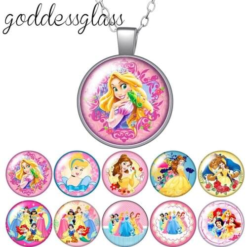 Disney Princesses Belle Snow white Girls Round Glass glass cabochon silver plated/Crystal pendant necklace jewelry for Gift