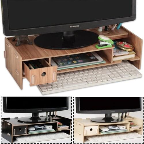Wooden Monitor Laptop Stand Holder Riser Computer Desk Organizer Keyboard Mouse Storage Slots for Office Supplies School Teacher