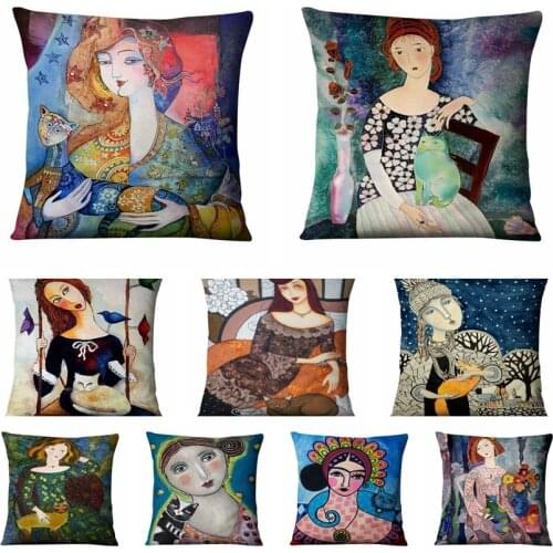 Retro Cat And Girls Painting Printed Pillowcas Cushions Decorative Pillows Home Decor Sofa Throw Pillows Square Pillow 17*17inch