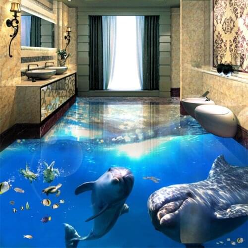 Custom Self-adhesive Floor Mural Wallpaper 3D Underwater World Dolphins Painting Sticker PVC Wear Non-Slip Mural Papel De Parede