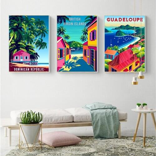 Retro Travel Seaside Landscape Poster Cartoon Color City Canvas Painting Guadeloupe Wall Art Print Picture for Living Room Decor