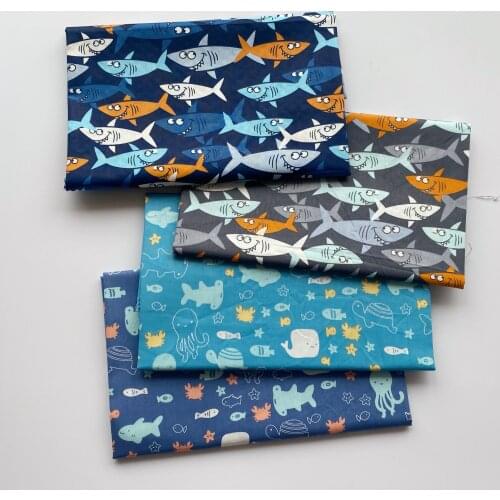160x50cm Shark Ocean Cartoon Printed Twill Cotton Sewing Fabric, Making Childrens Bedding Clothes Decorative Cloth