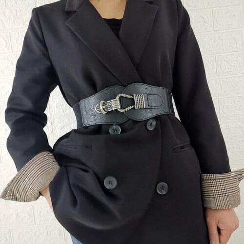 Vintage Big Buckle Cummerbunds Black Wide Elastic Waistbands Antique Silver Buckles Belts Coffee Stretch Waist Seal Party Coat