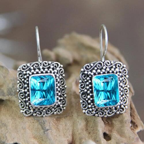 Vintage Silver Color Big Blue Zircon Stone Dangle Earring Fashion Jewelry Drop Earrings Brincos For Women Wedding Statement Gift