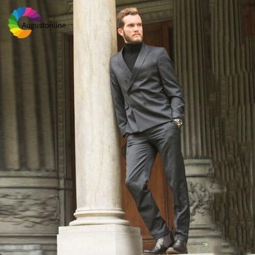 Vintage Grey Men Suit Slim Fit Wedding Groom Tuxedo Peaked Lapel Tailored Blazer Masculino Jacket Pants 2Piece