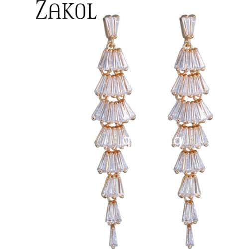 ZAKOL Elegant AAA Cubic Zirconia Long Tassel Dangle Earrings Korean Luxury Dinner Jewelry for Women Gifts Wholesale DE26
