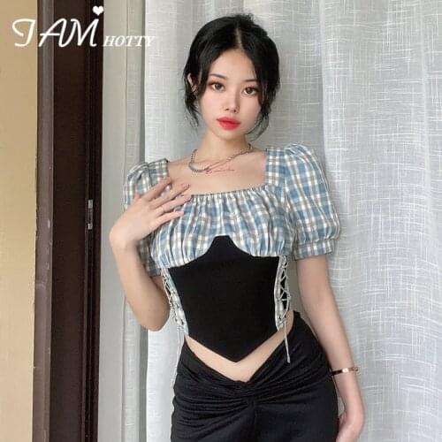 IAMHOTTY Checkboarded Patchwork Metal Sexy Tops Women Korean Short Puff Sleeve Slash Neck Tshirt Ladies Summer Clothes Femme Tee