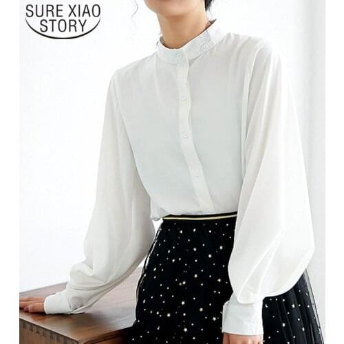 Camisas Mujer 2021 Casual Chiffon Solid Stand Collar Womens Blouse Summer Vintage Long Sleeve Cardigan Women Blouses 5262 50