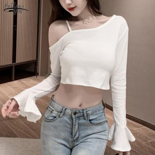 New Fashion Cotton Vintage Long Sleeve Shirt Skew Collar Short Sexy Ladies Tops Casual Off Shoulder White Women Blouses 12339