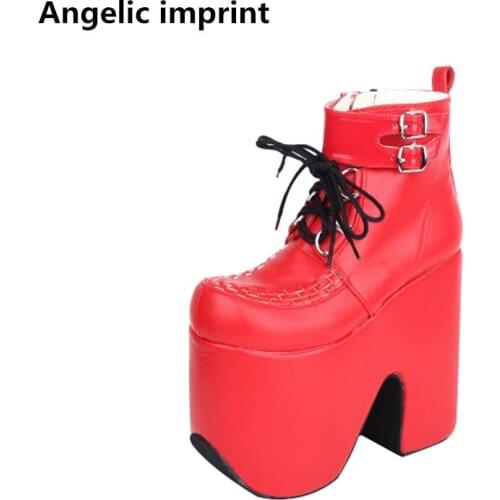Angelic imprint mori girl Women motorcycle punk shoes lady high heels lolita ankle boots woman princess dress pumps 17cm 33-47