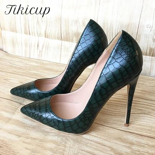 Tikicup Dark Green Croc-Effect Embossed Pattern Women Pointed Toe High Heels Designer Sexy Stilettos Pumps Ladies Party Shoes