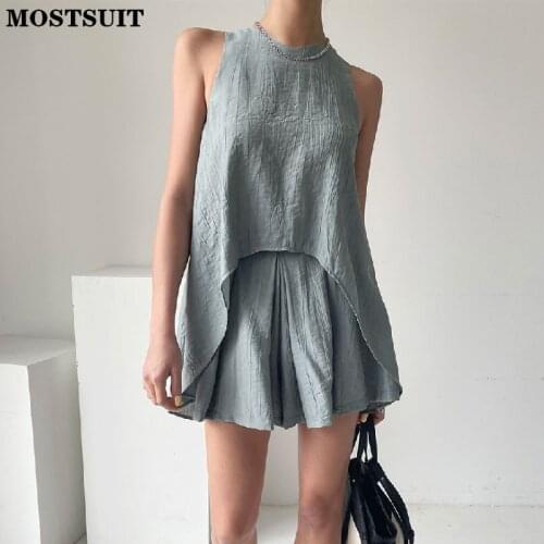 Korean Chic Two Piece Shorts Set Women Sleeveless Tops + High Waist Wide Leg Shorts Suits Fashion Sexy Female 2 Piece Set 2021