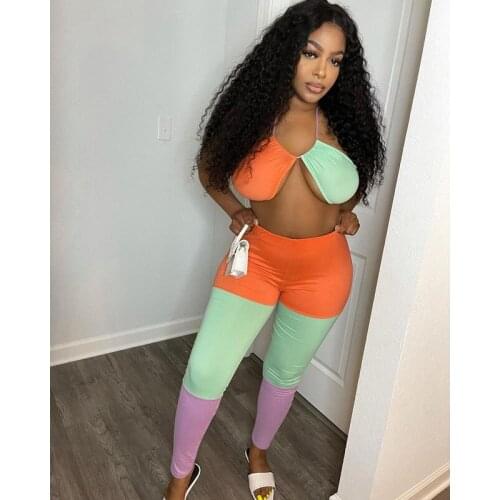 Summer Clothes Two Piece Set Women Sexy Sling Stitching Breast Wrap Crop Top+Pants Sets Club Outfits Lounge Streetwear Wholesale