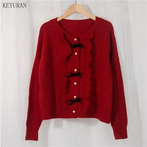 Korean Sweet Ruffle Bowknot Sweater Jacket 2021 Spring Autumn Winter Short Knitted Coat Long Sleeve Women Slim Knitwear Tops
