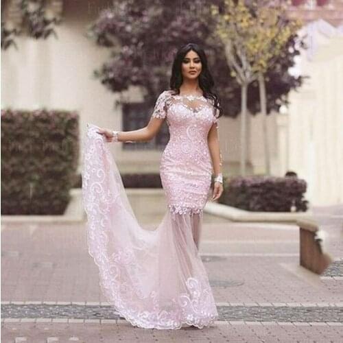 Illusion Tulle Long Sleeve Evening Dresses 2019 Lace Appliques Backless Mermaid Prom Dress Women Formal Prom Gowns
