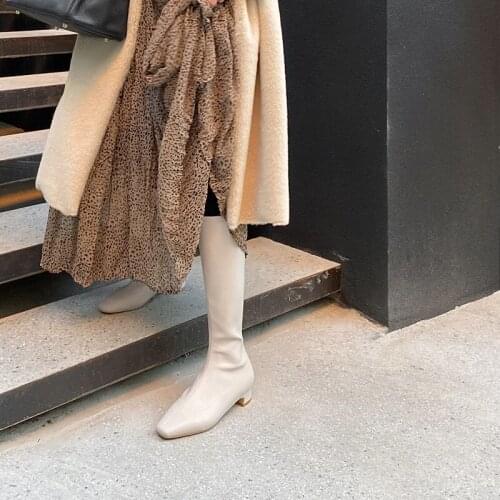 2020 Boots Ladies Real Leather / Suede Block Heel High Heel Ankle Boots Winter Autumn Square Head Shoes Women Size 33-42