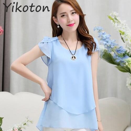 2021 Summer Blouse Shirt Fake Two Pieces Short Sleeve Ladies Loose Chiffon Soild Shirts Casual Tops Plus Size 5XL Blusas Chemise