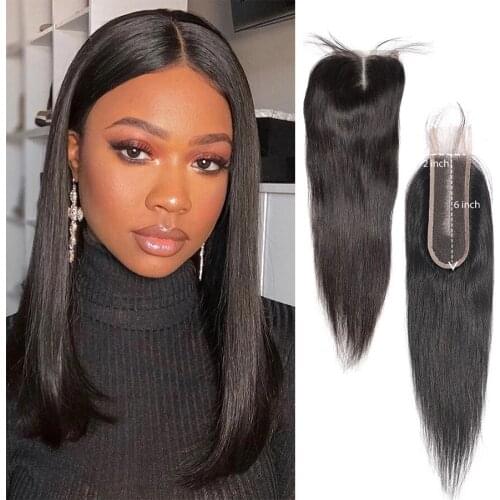 4x4 Lace Closure Brazilian Pre Plucked Human Hair Straight Middle Part With Baby Hair Remy Hair Extensions 2x6 Lace Closure