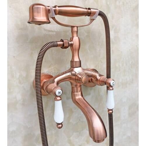 Antique Red Copper Wall Mounted Clawfoot Bathtub Faucet Set with Handheld Shower Head Dual Ceramic Handles Mixer Taps Wtf805