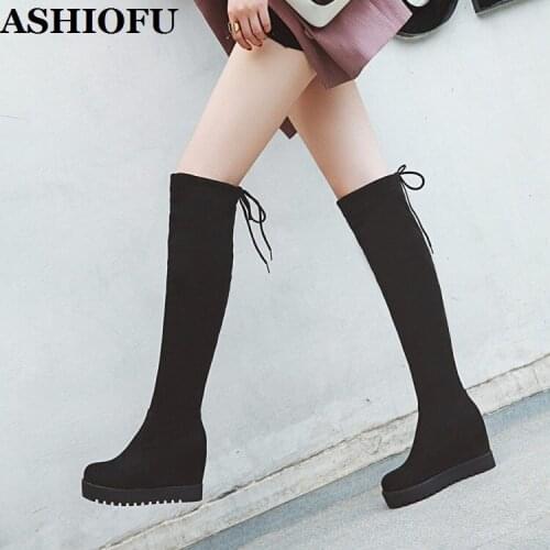 ASHIOFU Handmade New Hot Sale Ladies Knee-high Boots Classic Shoelace Party Prom Wedge Heels Boots Evening Club Winter Boots