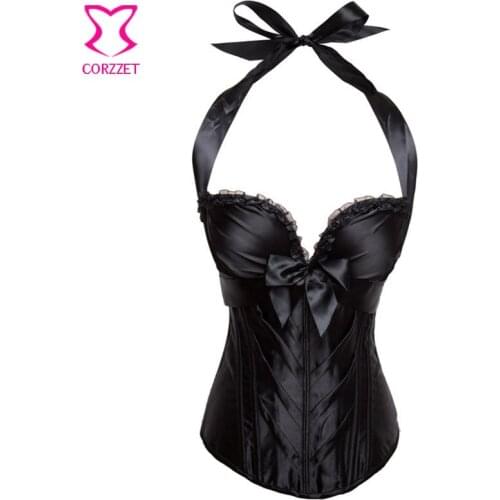 Black Satin Halter Neck Espartilhos Corset Corselet Plus Size Corsets and Bustier 6XL Push Up Bustier Sexy Korsett For Women