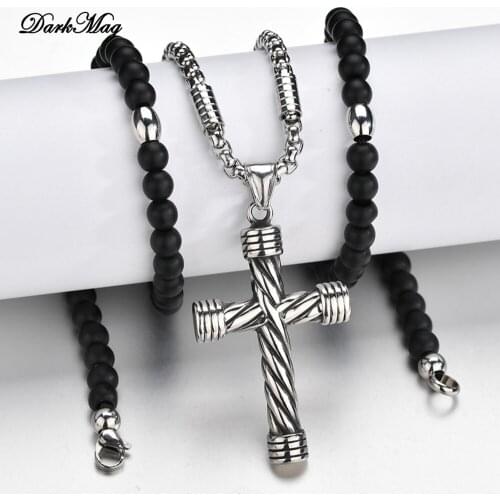 DarkMag Rosary Necklace Jesus Christ Cross Pendant Necklaces Bead Long Chain Mens Women Virgin Mary Christian Fashion Jewelry
