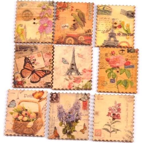 15pcs Wooden Sewing Buttons France Tower Postage Stamp Pattern Handmade Scrapbooking Craft Cloth Accessories 30x37mm MT0933x