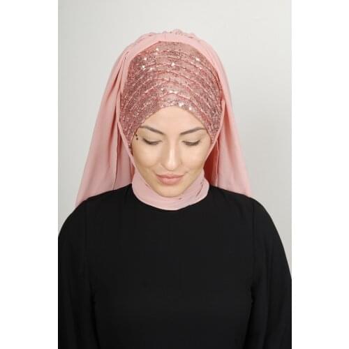 Instant Hijab Front Sequined Shirred Bridal Veil
